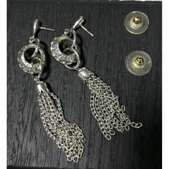 Silver Tassel And Rhinestone Dangle Drop Pierced Earrings - Picture 5 of 8